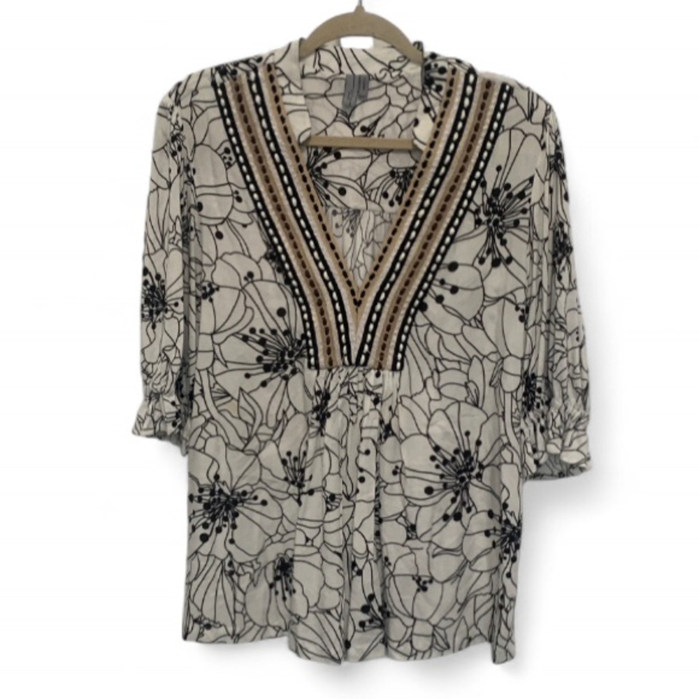 Blink London Floral Boho Embroidered Trim Relaxed Blouse Size XL